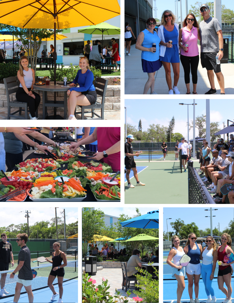 This image collage showcases a vibrant community pickleball event, blending recreation with social engagement. Here's a breakdown of the scenes: Top Left & Center Bottom: Attendees relaxing and dining under colorful umbrellas, giving the event a cheerful, laid-back atmosphere. Top Center Right & Bottom Right: Groups of smiling participants posing together, radiating camaraderie and team spirit. Middle Left: A buffet-style food table filled with a variety of fresh fruits and vegetables, suggesting the event emphasized health and hospitality. Middle Right & Bottom Left: Active pickleball games and a seated crowd watching, indicating a lively mix of casual and competitive play.