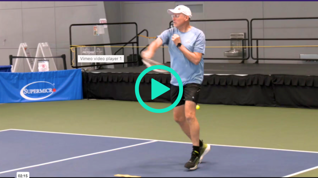Pickleball HQ Drill - Player finishing a forehand shot with a PLAY button overlay