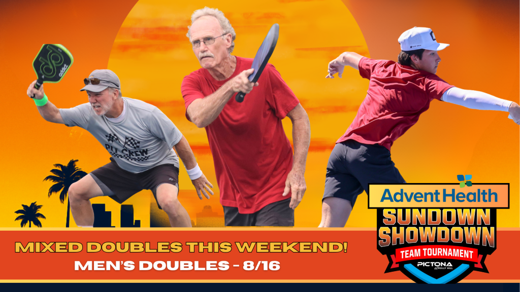 pictures of Three men playing pickleball at different stroke poses on a background of sun setting with Sundown Showdown logo in forefront.