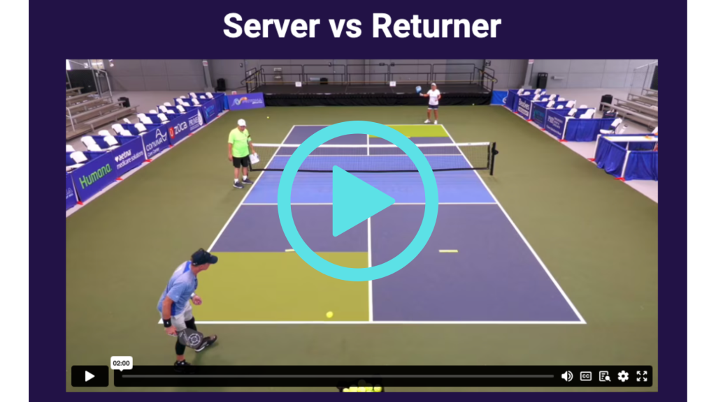 Screen shot of a game of indoor/covered pickleball. Player 1 is bottom left ready to serve, Player 2 is on his left just outside the play line and the other players are ready to receive the serve.