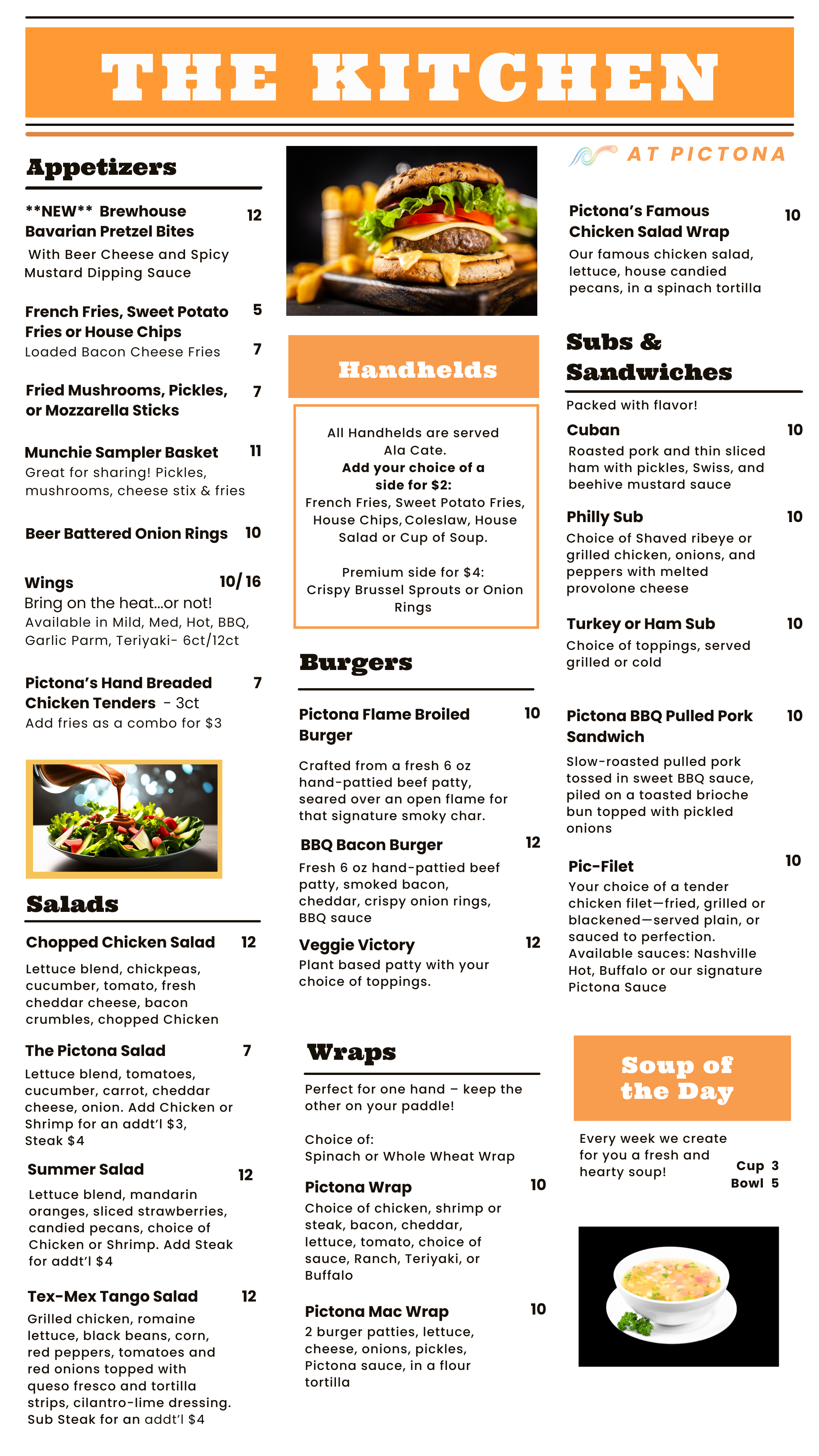 Menu of items ranging from appetizers, soups, handhelds, wraps, subs and sandwiches, savory selections, smoothies and drinks