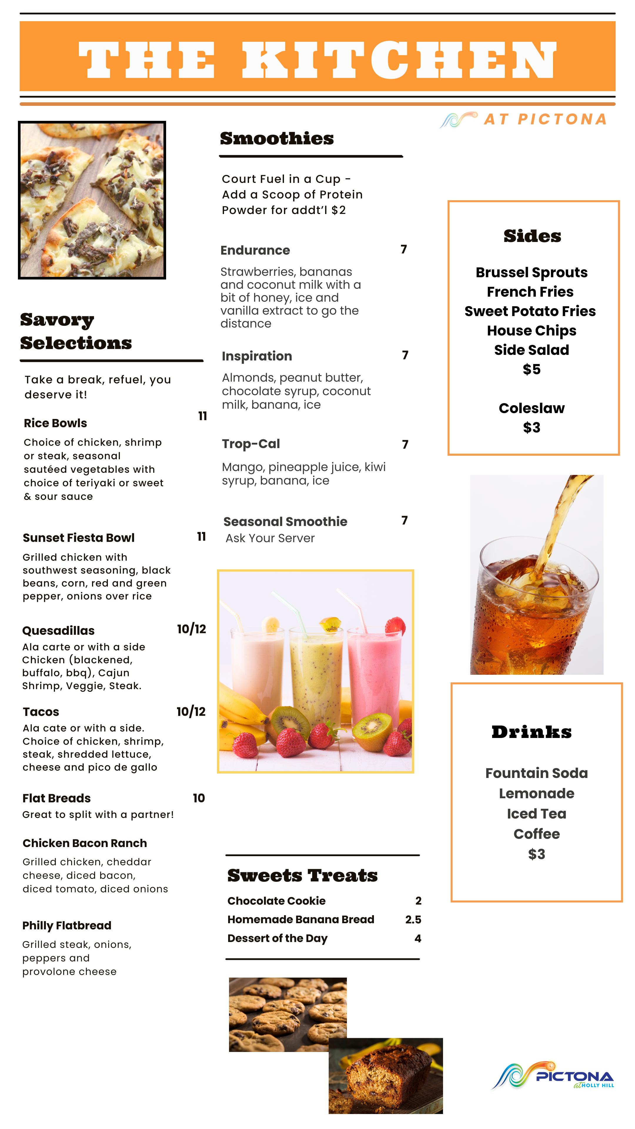 Menu of items ranging from appetizers, soups, handhelds, wraps, subs and sandwiches, savory selections, smoothies and drinks