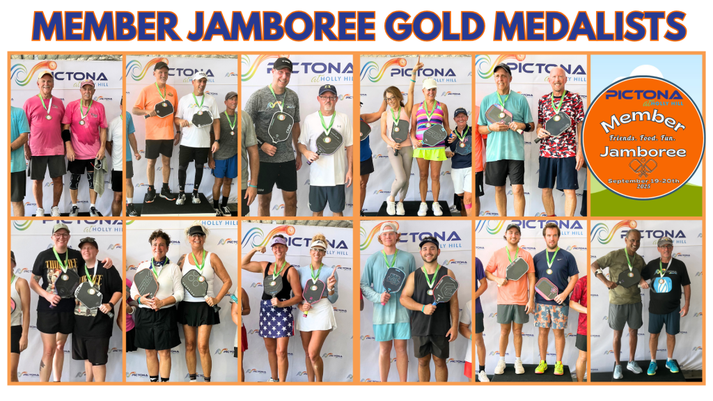 Groups of pickleball players standing on a winners podium smiling with medals around their necks.