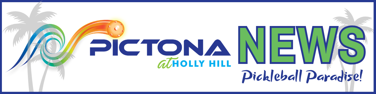 Header for the Pictona News bi-weekly newsletter. Two gray palm trees at opposite ends of the frame, Pictona logo of a pickleball swish and lettering "Pictona News Pickleball Paradise."