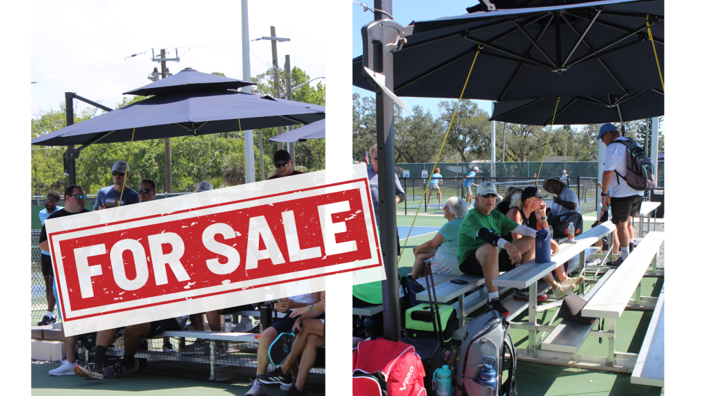 Photos of 2 large umbrellas with pickleball players underneath enjoying the shade. 