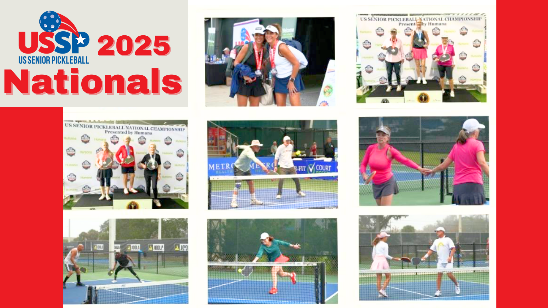 Photo collage of players and medalists of the US Senior Pickleball Nationals Tournament at Pictona