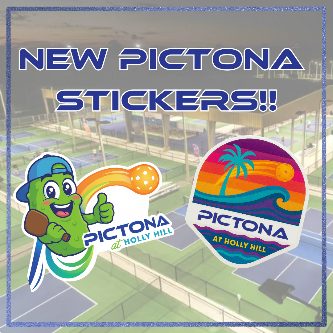 Pictona Pickleball Stickers: Pickle with a thumbs up, pickleball paddle with palm tree and wave with pictona swoosh
